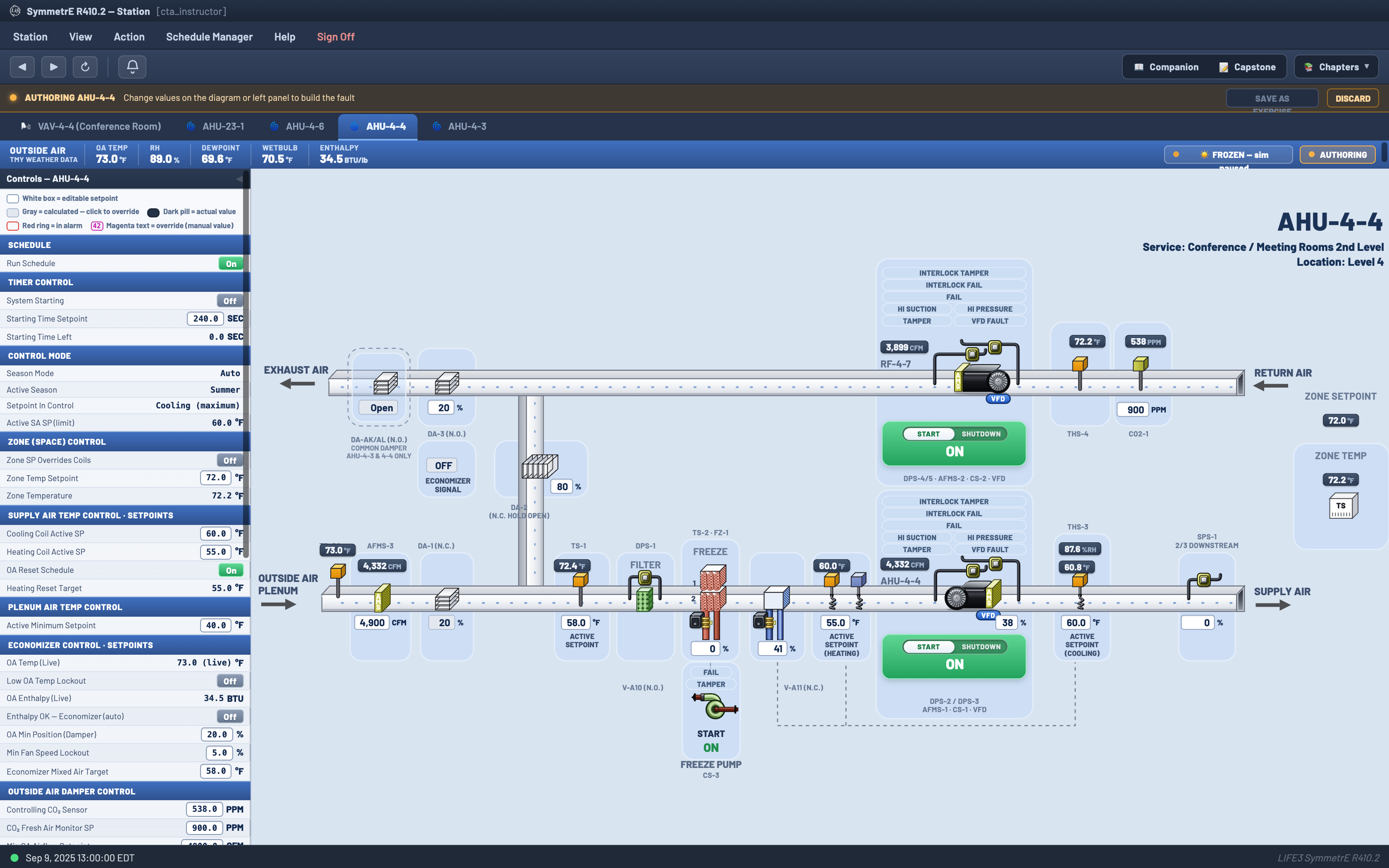 Authoring mode: a banner reading AUTHORING AHU-4-4, with instructions to change values on the diagram, and Save as Exercise and Discard controls