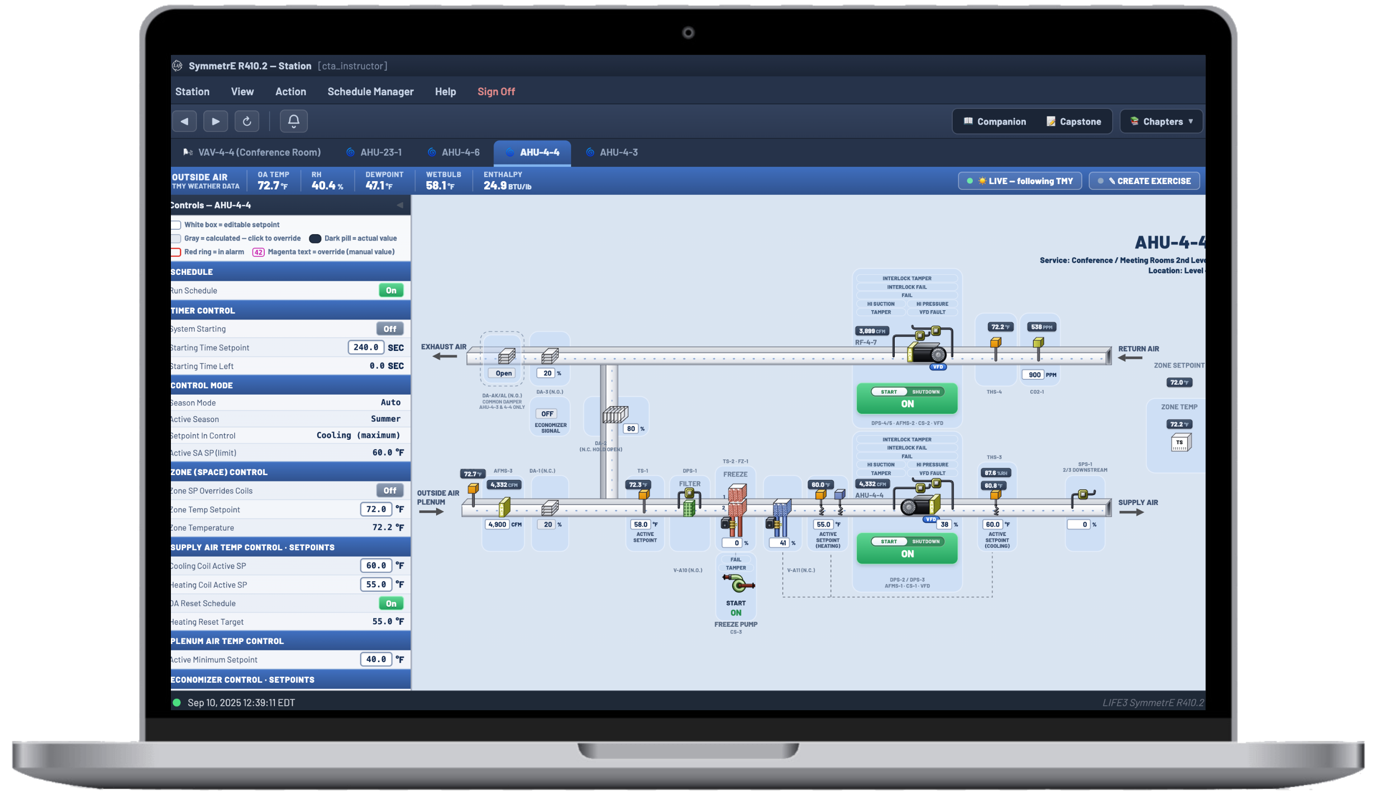 The BMS simulator showing an air handler graphic
