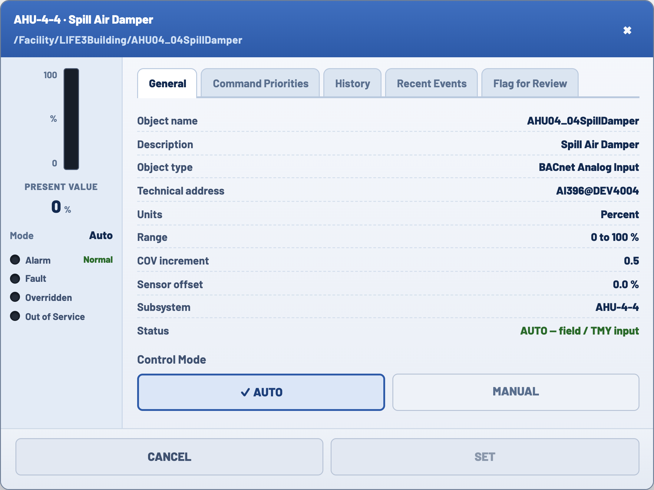 The point detail modal for AHU-4-4 spill air damper, showing the value rail with gauge and status dots, and the General, Command Priorities, Alarms, History and Recent Events tabs