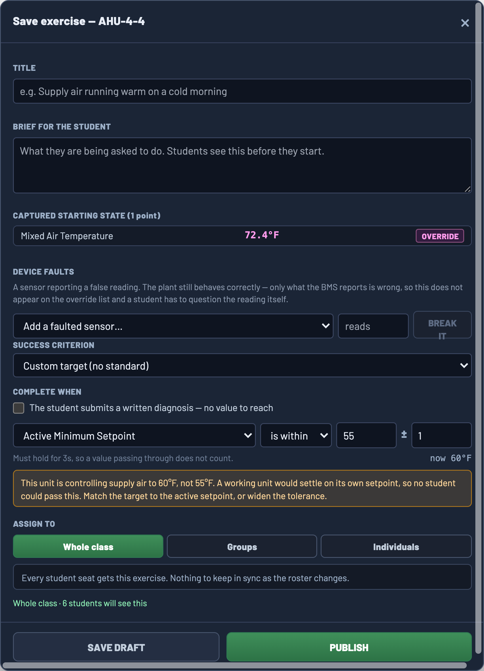 The save exercise dialog with title and brief still empty, showing a captured starting state of one point, a success criterion reading Active Minimum Setpoint is within 55 plus or minus 1, a live value of 60 degrees, an amber validation warning, and an assign to control