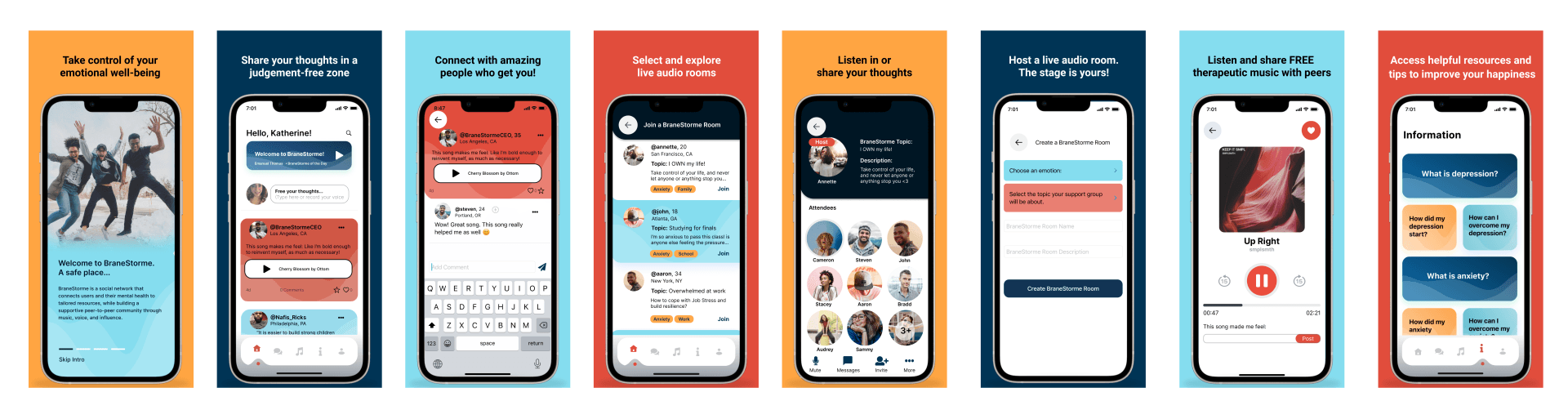 Eight BraneStorme screens with their value propositions: the intro, the feed, comments on a voice post, the room list, inside a live audio room, creating a room, the therapeutic music player, and the Information section