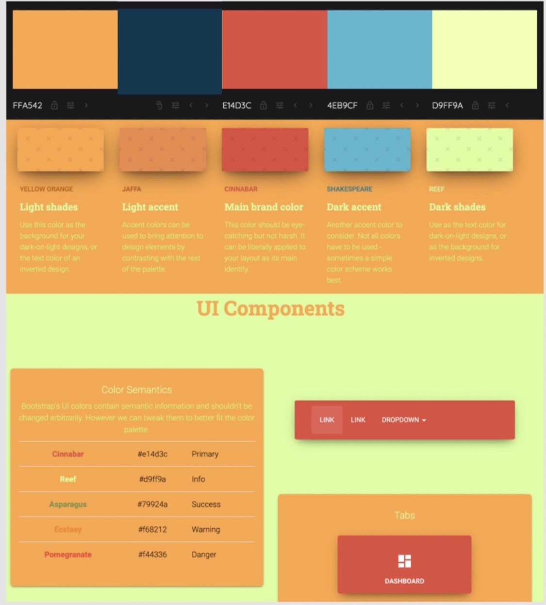 BraneStorme color system: Cinnabar primary, Yellow Orange, Jaffa, Shakespeare and Reef, with semantic color assignments and UI components