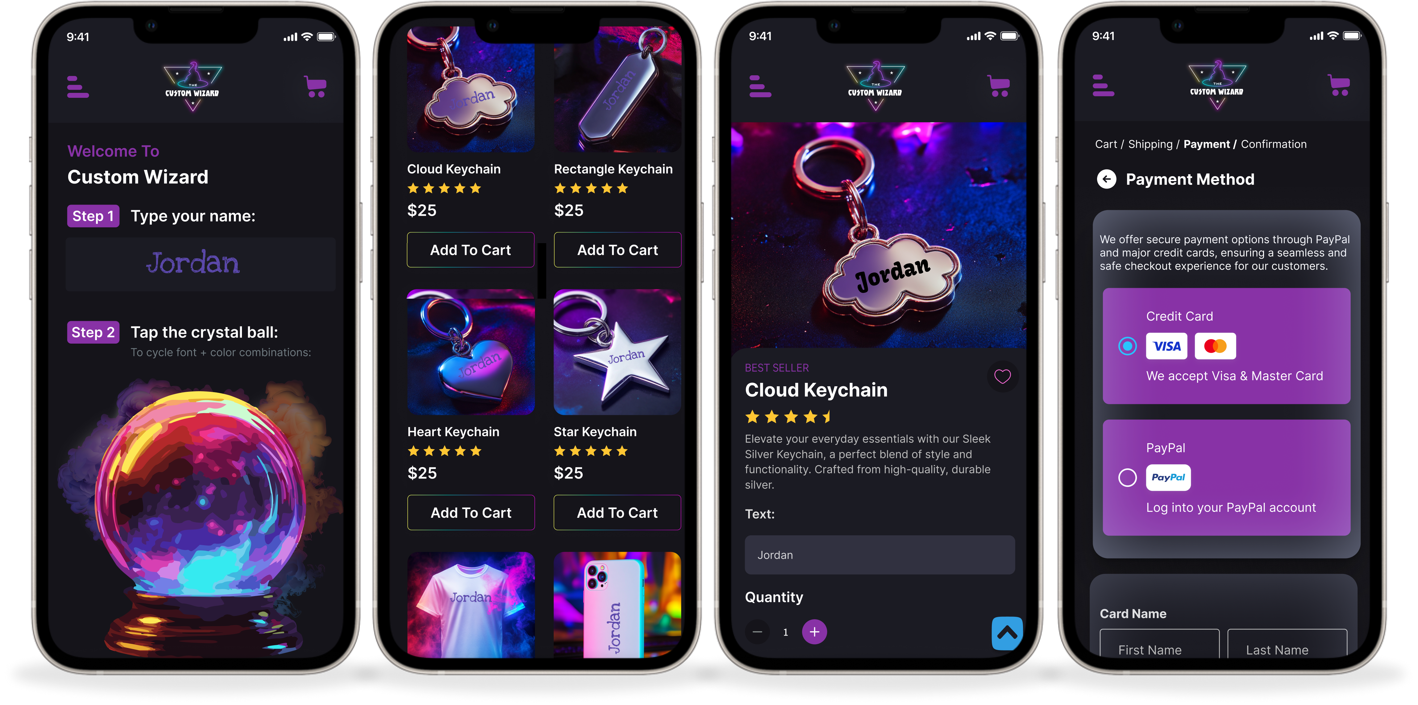 The Custom Wizard tool: type a name, tap the crystal ball, pick a product