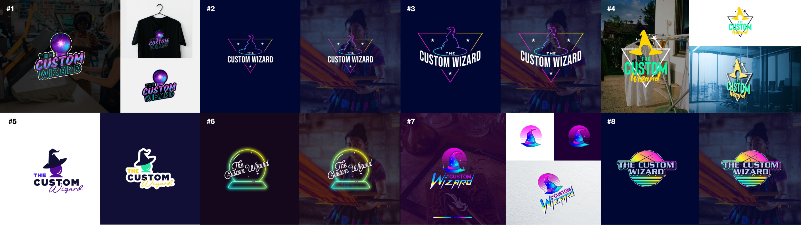 Eight numbered logo routes for The Custom Wizard, each shown as a mark and applied to apparel, signage or product: a gradient wordmark, two triangle-and-hat combination marks, a star-and-hat mark, a hat-and-wordmark stack, a neon crystal ball script, a circular hat emblem, and a retro sunset badge