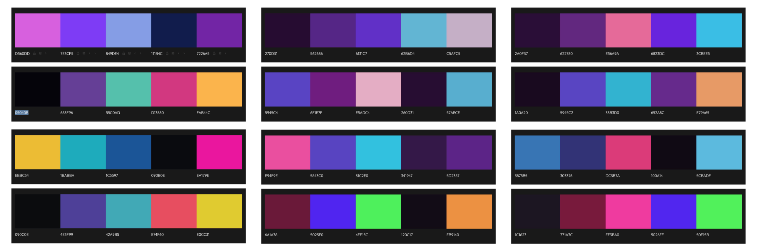 Twelve explored color schemes for The Custom Wizard, each shown as a five-swatch strip with hex values, ranging from violet and cyan combinations to saturated green and orange schemes