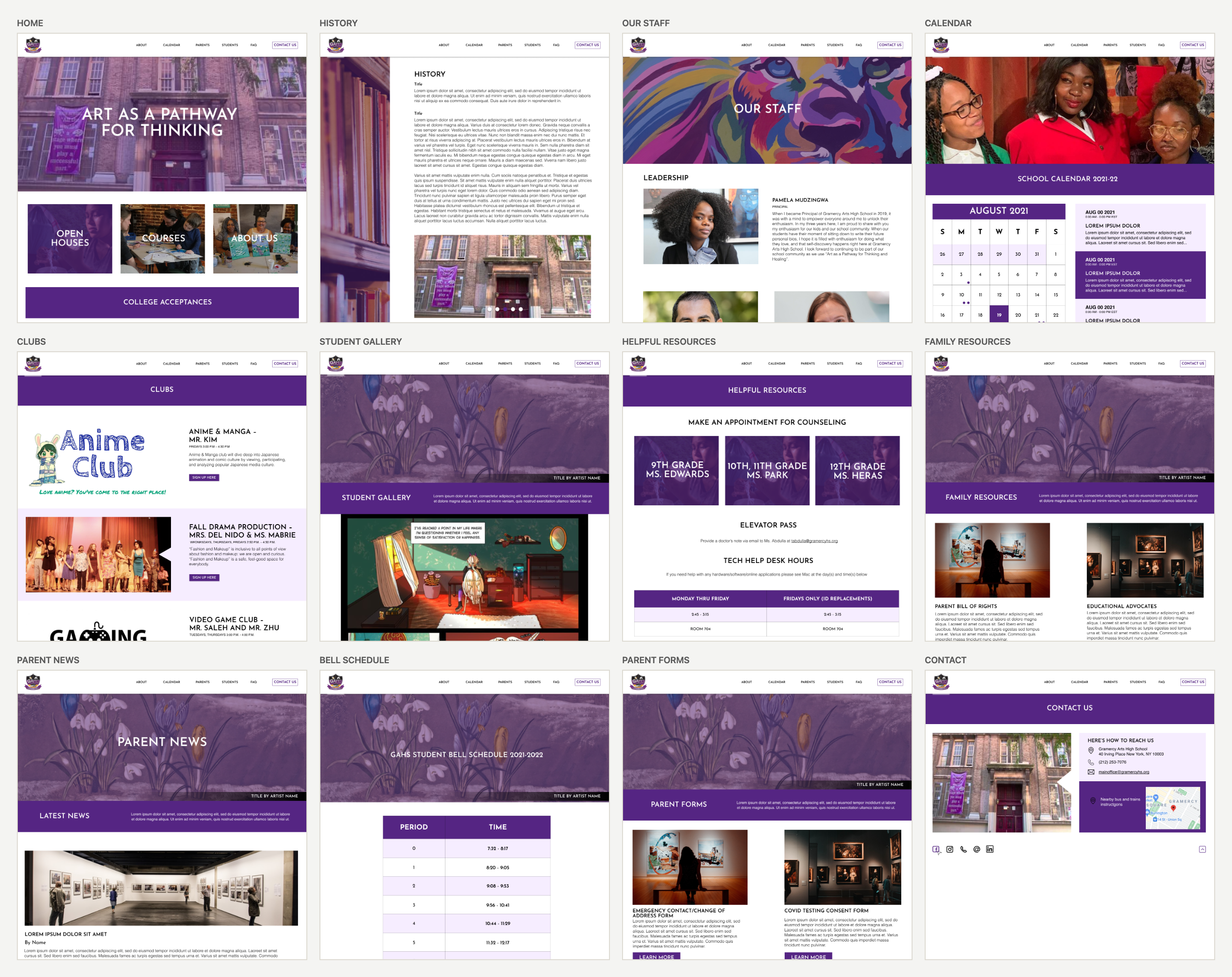 Twelve desktop wireframes in a four by three grid: Home, History, Our Staff, Calendar, Clubs, Student Gallery, Helpful Resources, Family Resources, Parent News, Bell Schedule, Parent Forms and Contact, each showing its hero band and first content section