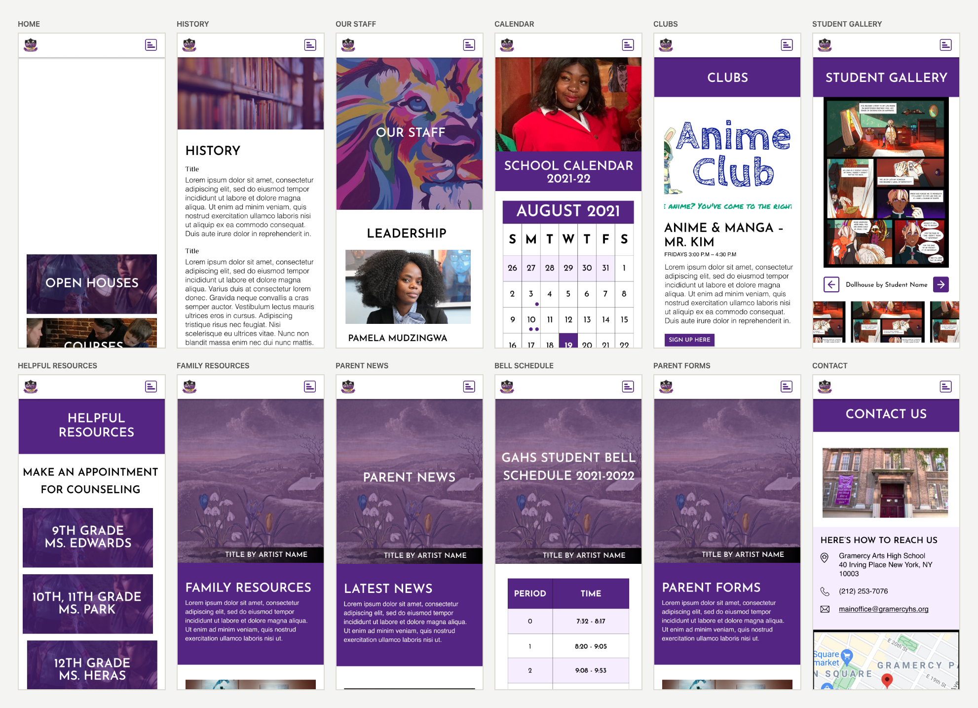 The same twelve pages as mobile wireframes in two rows of six, each at phone width showing the collapsed header, stacked content and the persistent social footer