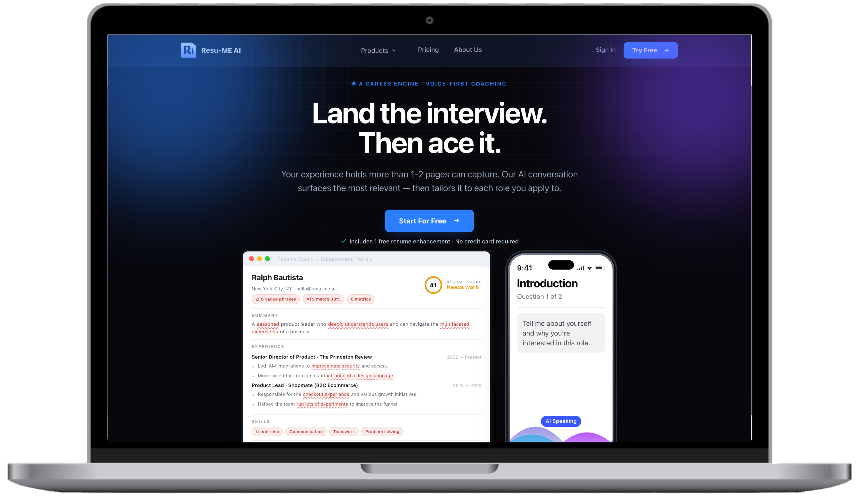 The Resu-ME AI marketing homepage on a laptop: Land the interview. Then ace it., with Start For Free and the Resume Studio and Interview Studio product shots below it