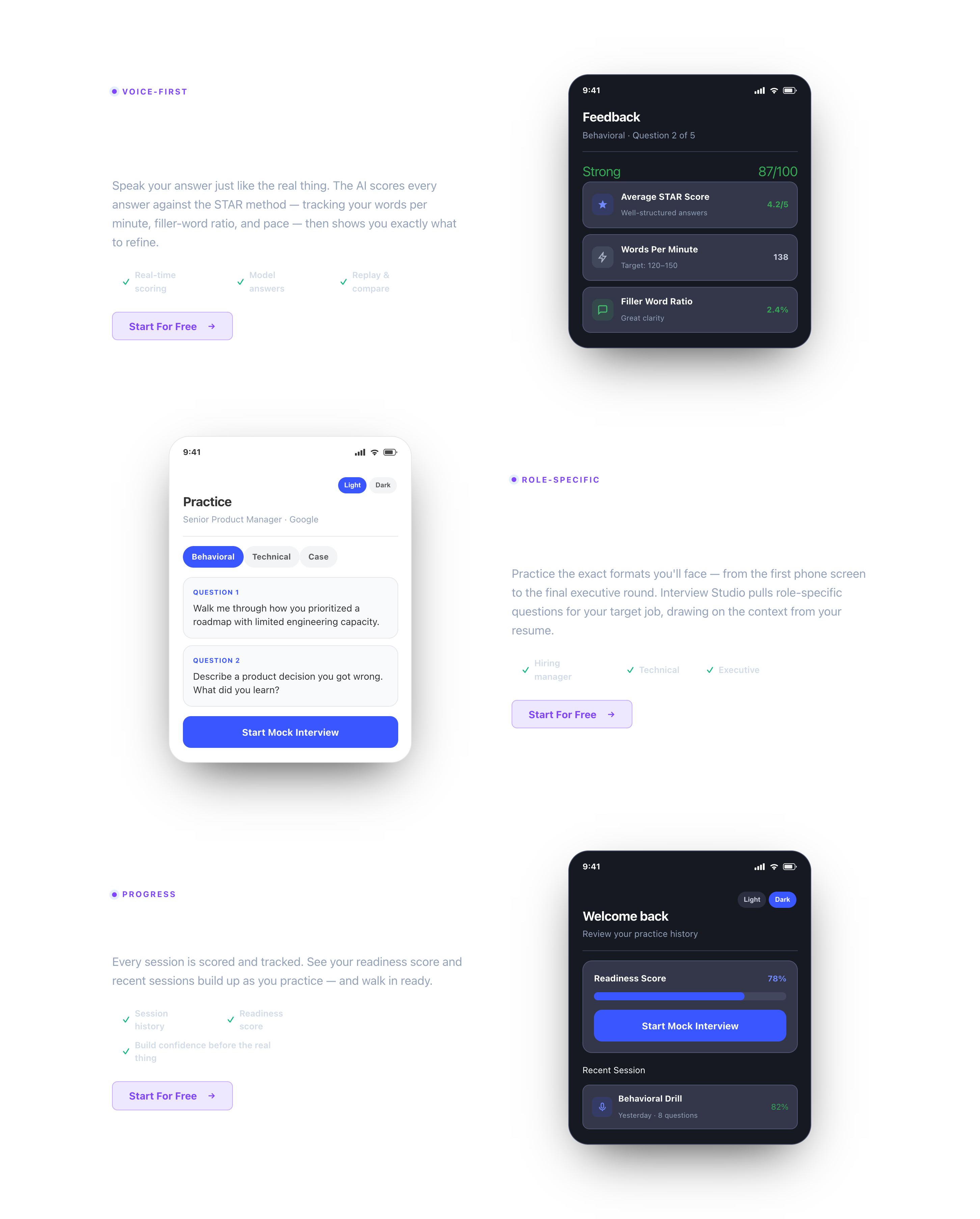 Interview Studio on iPhone: a feedback screen scoring an answer 87 out of 100 with average STAR score, words per minute and filler word ratio; a practice screen with behavioral, technical and case tabs; and a home screen with a readiness score and session history
