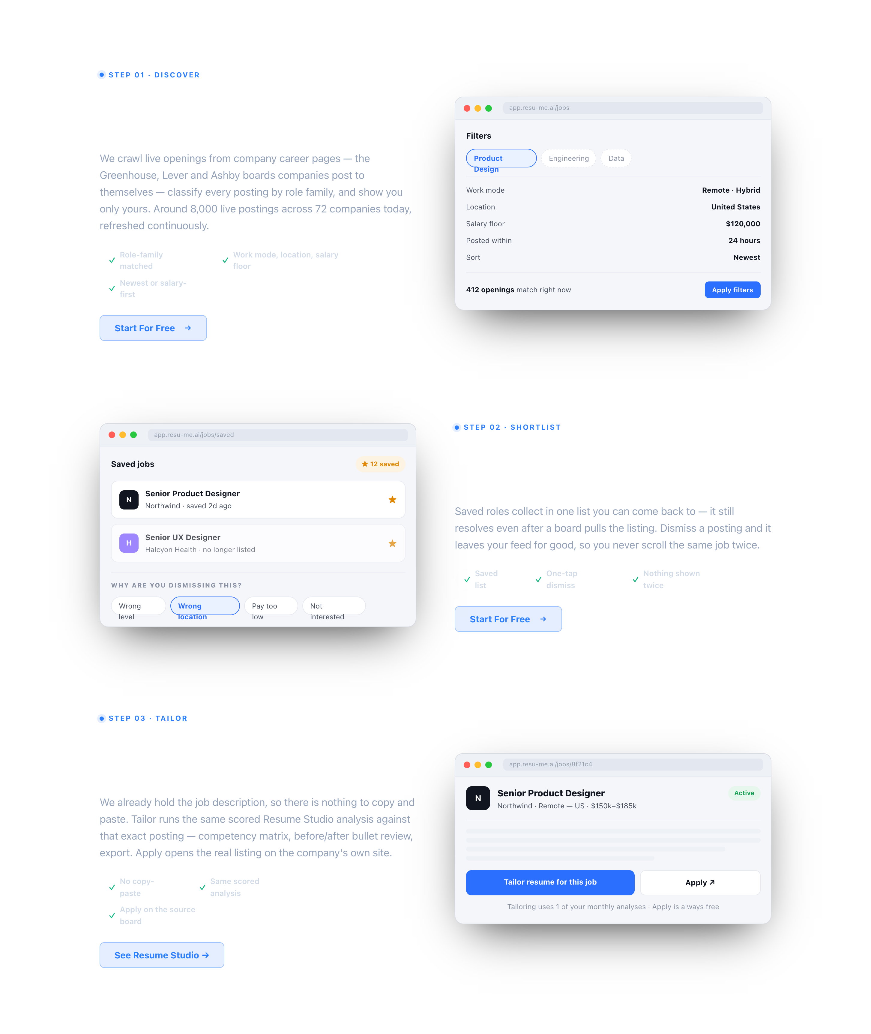 Job Studio: a filter panel showing role family, work mode, location, salary floor and sort with 412 matching openings; a saved jobs list with dismiss reasons; and a posting detail with tailor and apply actions
