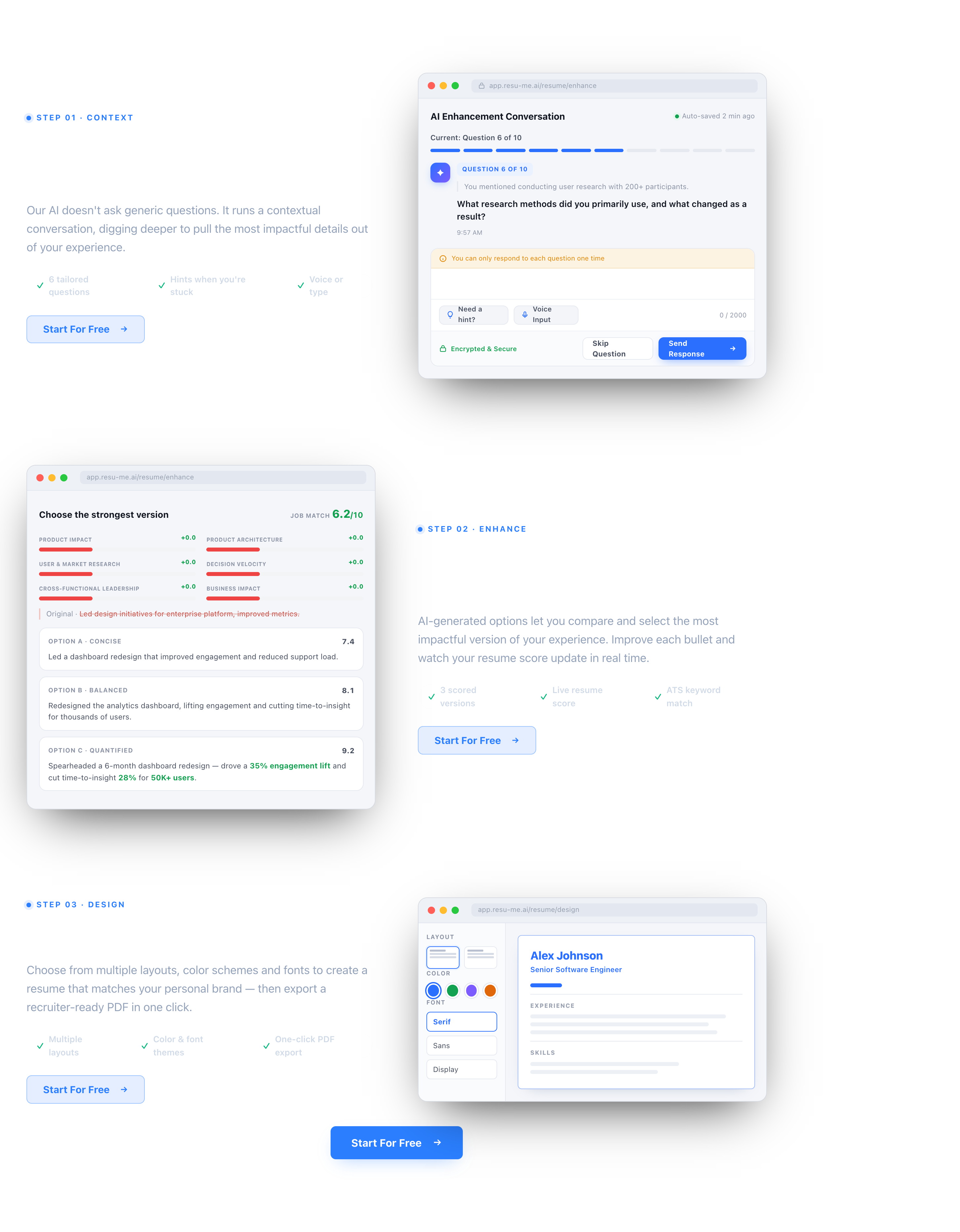 Resume Studio: the AI enhancement conversation with progress bar, hint and voice controls; the scored version comparison with a competency matrix and three options at 7.4, 8.1 and 9.2; and the layout, color and font design step