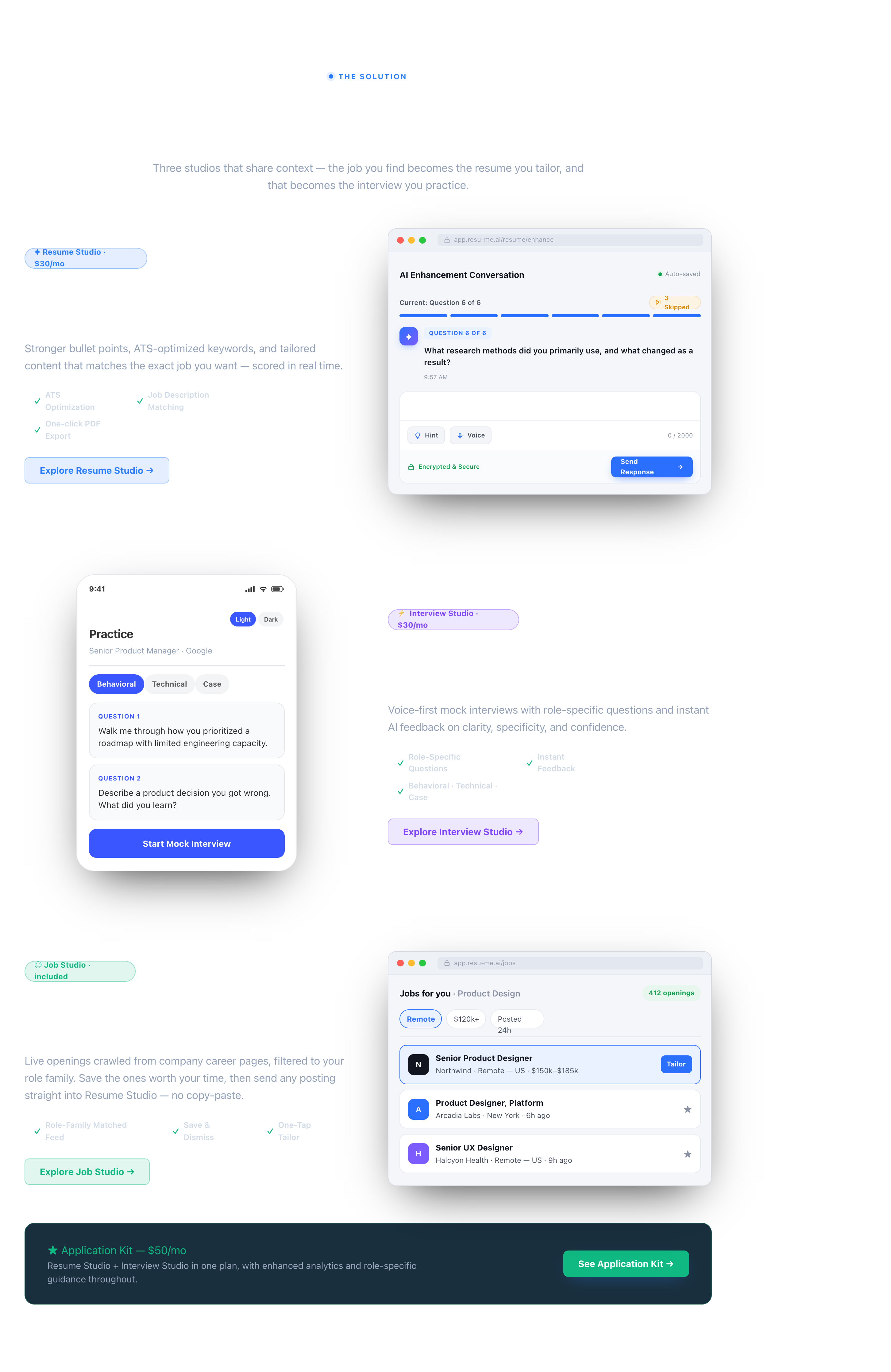 The studios section of the marketing site: Resume Studio with the AI enhancement conversation, Interview Studio on iPhone, and Job Studio with a filtered feed, above an Application Kit bundle banner