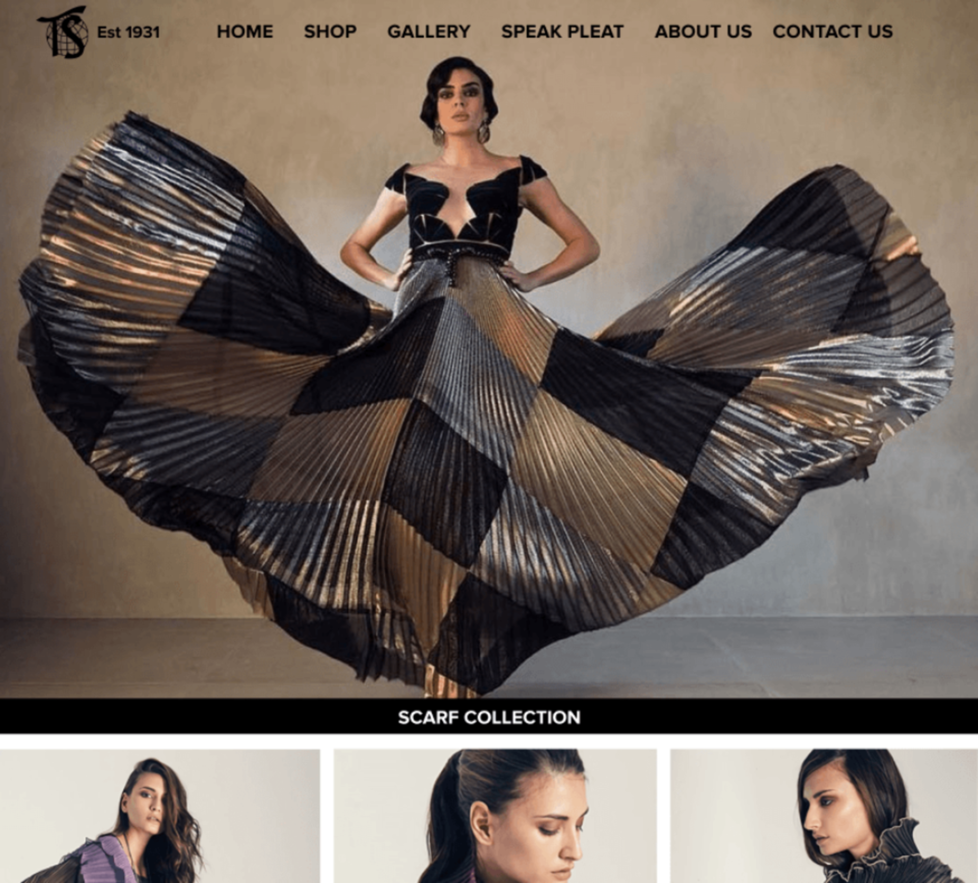 The redesigned homepage, leading with a finished pleated garment