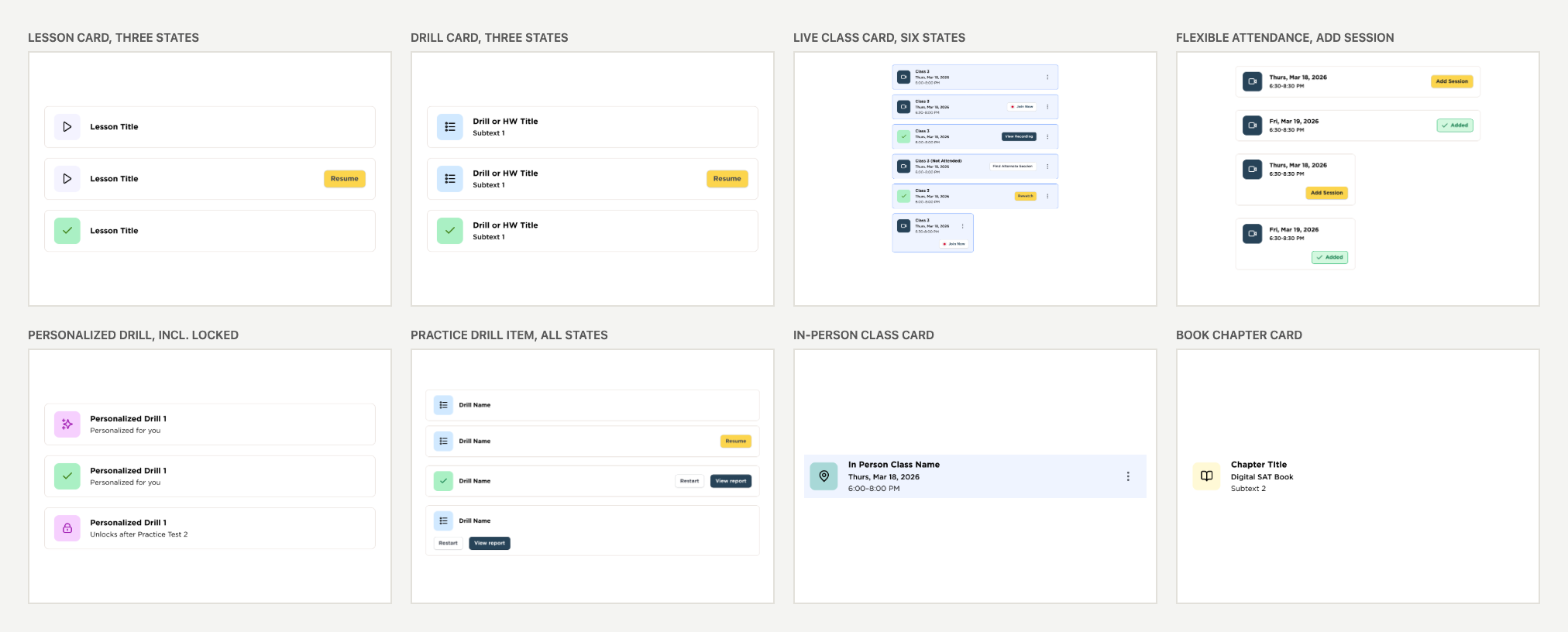 Activity card components: lesson, drill, live class with six states, flexible attendance session picker, personalized drill including a locked state, practice drill item, in-person class and book chapter cards