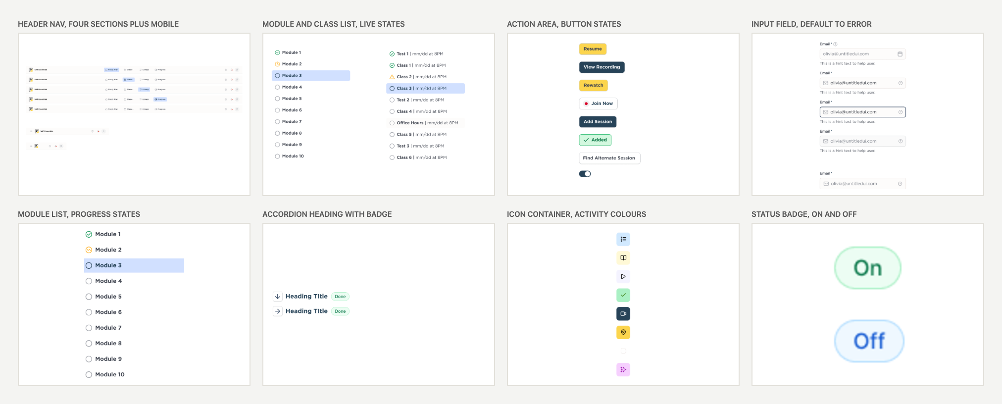 Design system foundations: header nav with four sections plus mobile, module and class list, action area button states, input field states, module list, accordion heading with badge, icon container colours, status badge