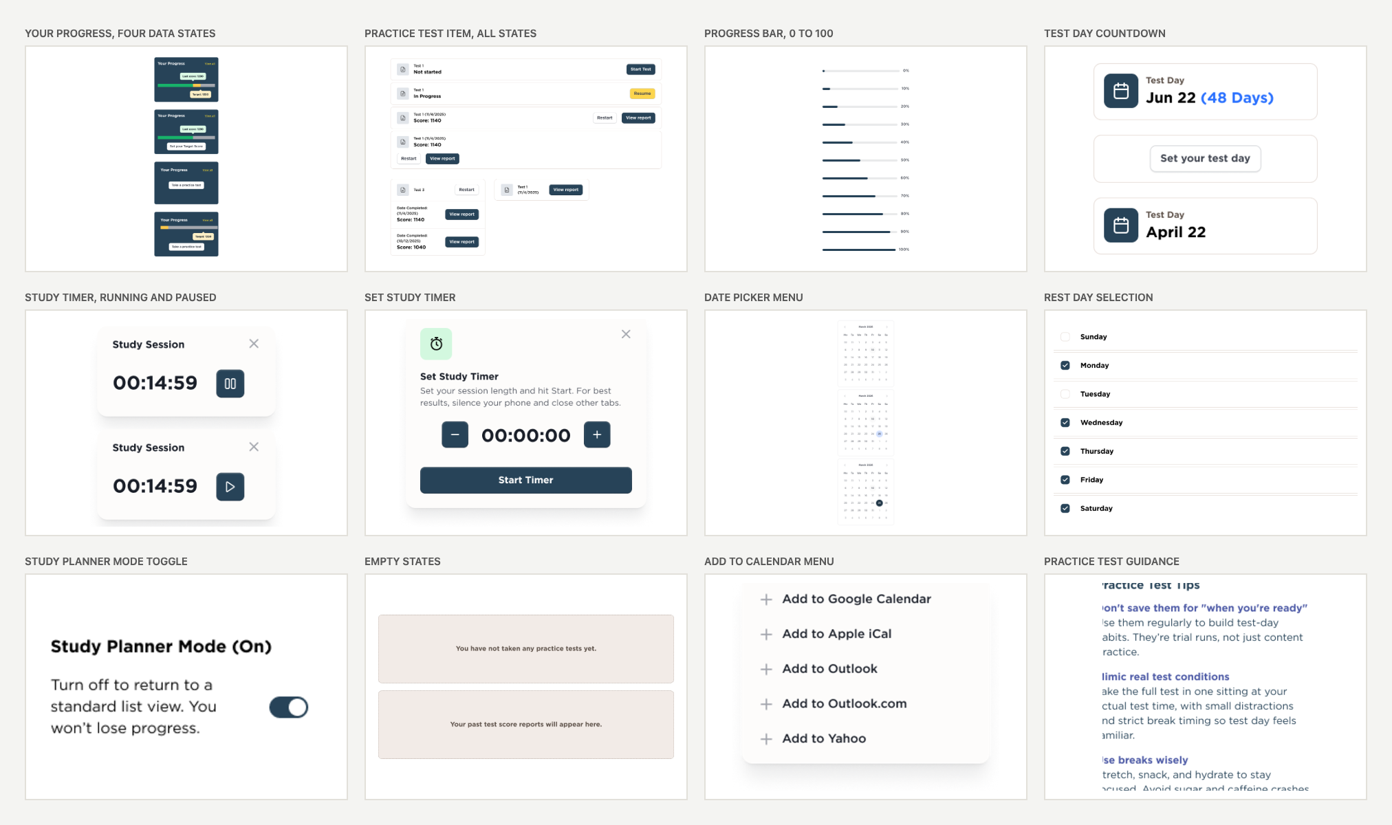 Progress and feedback components: your progress card in four data states, practice test item, progress bar from zero to one hundred, test day countdown, study timer, date picker, rest day selection, study planner toggle, empty states and the add to calendar menu
