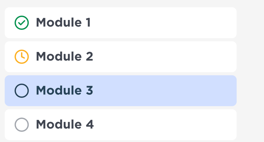Module list showing complete, in progress, current and not started states