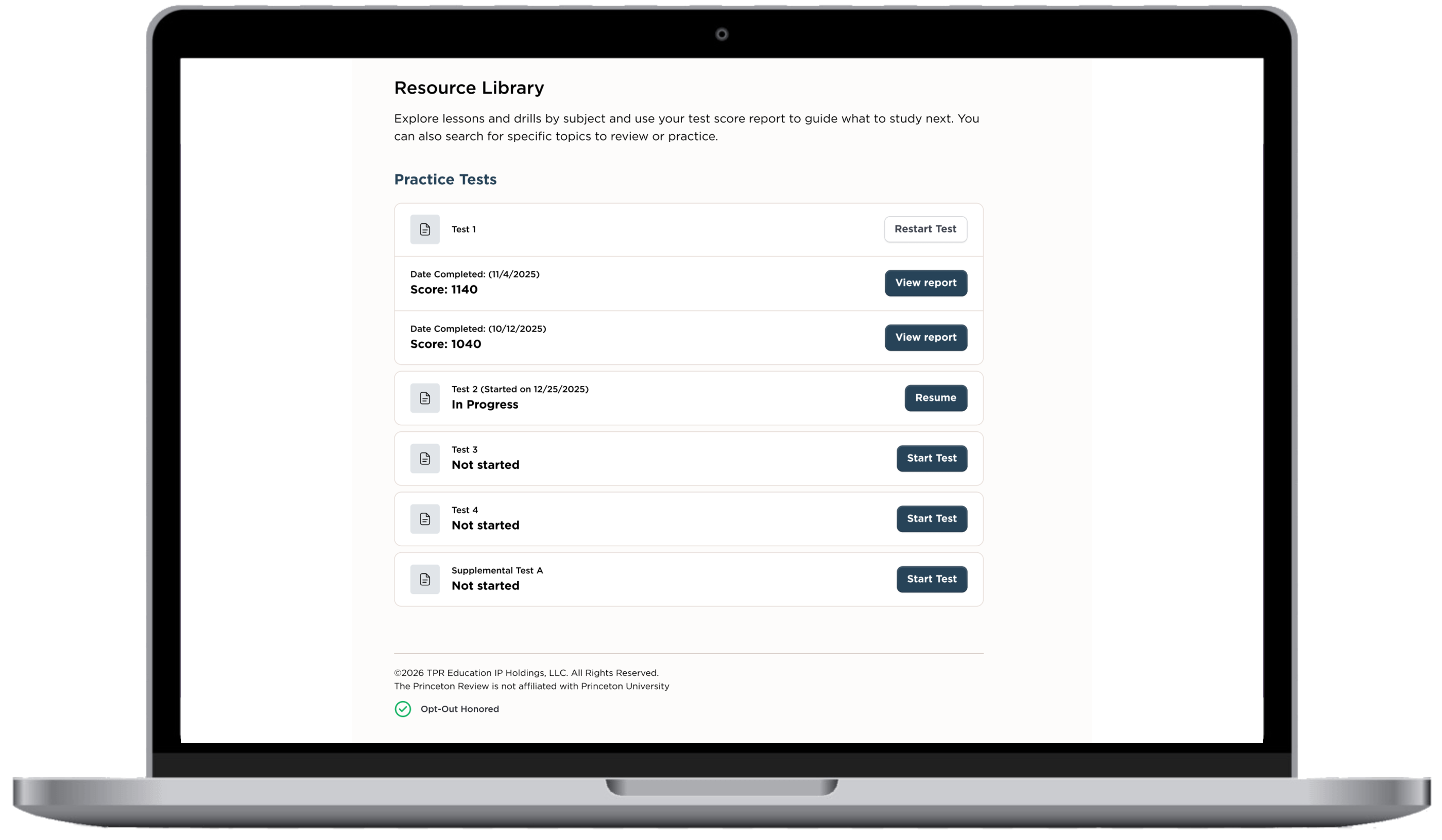 Resource Library: practice tests with completion dates, scores, and view report actions