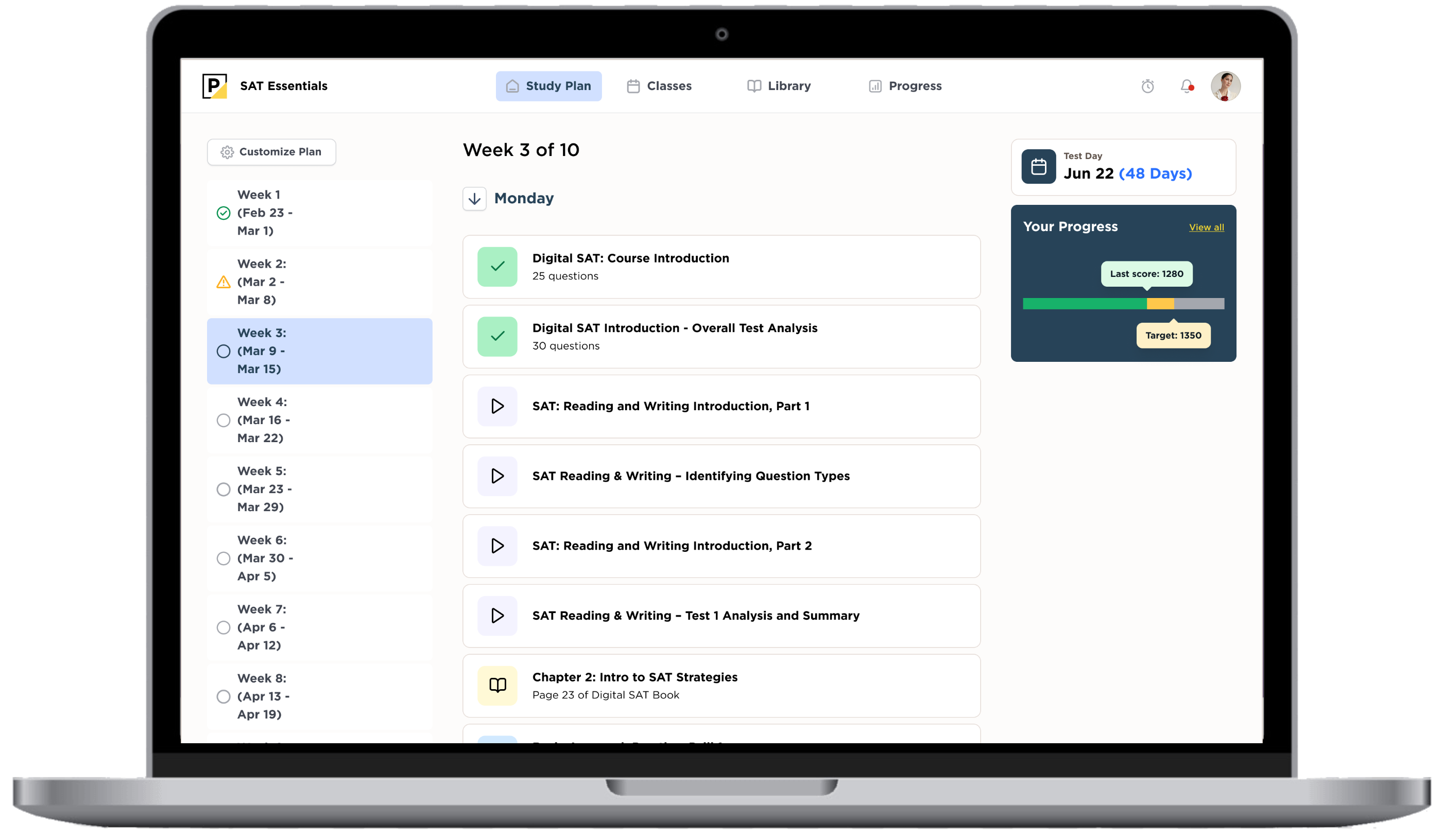 The Princeton Review SAT Essentials study plan, showing the ten week schedule, the daily task list and a progress panel with target score