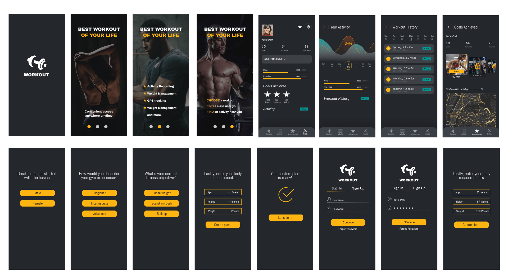 Sixteen screens from the workout app: splash, three onboarding slides, profile with level and followers, your activity with a weekly chart, workout history, goals achieved with a nearby classes map, then the onboarding questions for gender, experience level, fitness objective and body measurements, the custom plan confirmation, and sign in and sign up