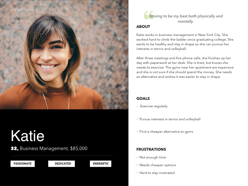 The Katie persona: 32, business management, $85,000, with goals, frustrations and a quote about striving to be her best physically and mentally