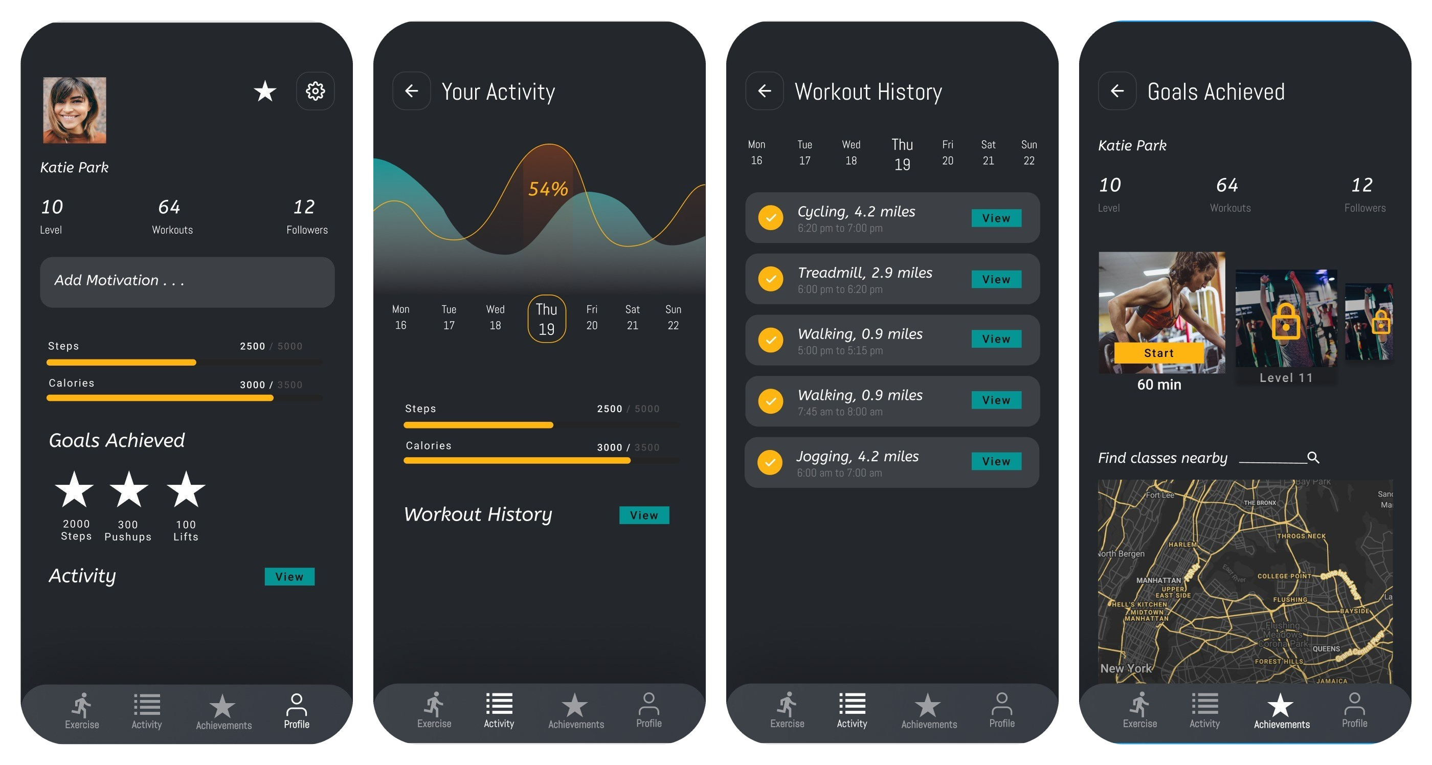 Four screens from the workout app: profile, your activity, workout history, and goals achieved